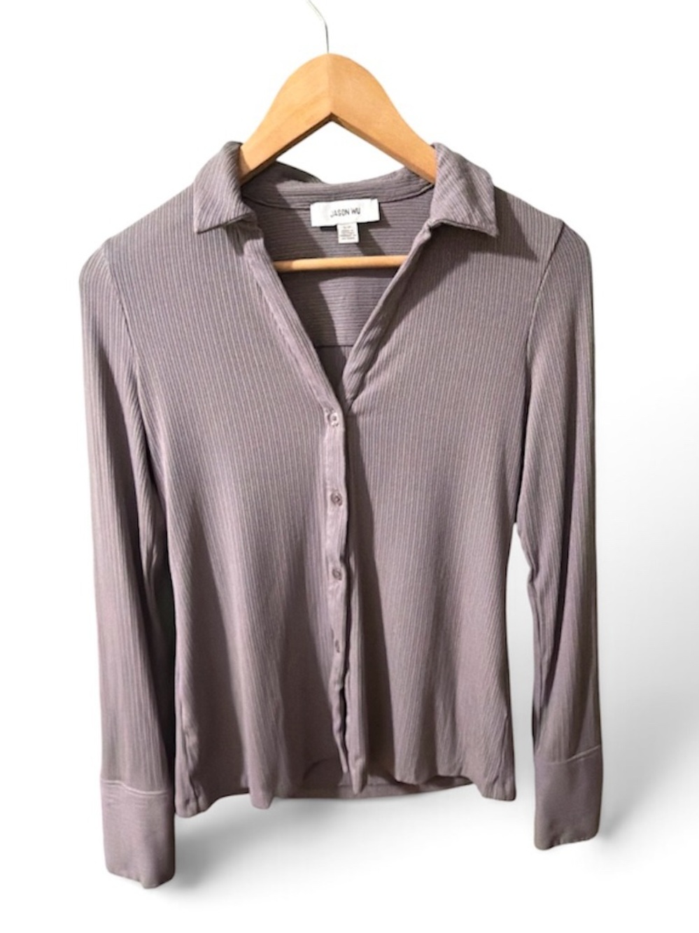 Jason Wu Women’s Small Gray Ribbed Button Front Long Sleeve Collared Shirt